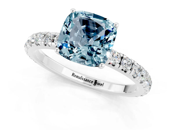 Platinum Cushion Cut Aquamarine Pavé Solitaire Engagement Ring with Four-Prong Setting