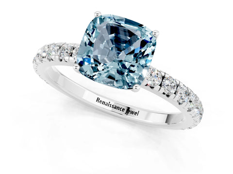 White gold Cushion Cut Aquamarine Pavé Solitaire Engagement Ring with Four-Prong Setting_13
