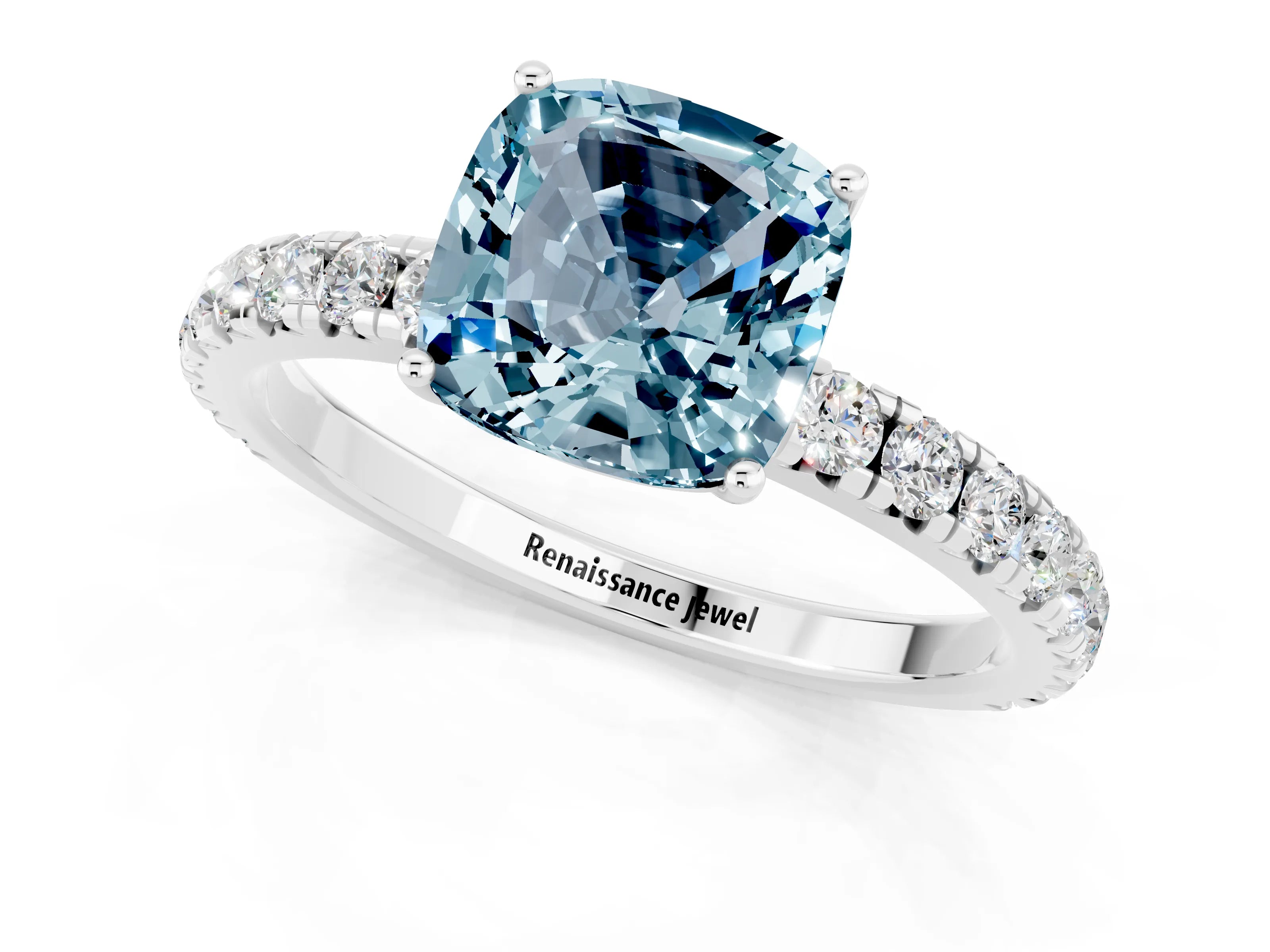 White gold Cushion Cut Aquamarine Pavé Solitaire Engagement Ring with Four-Prong Setting_13