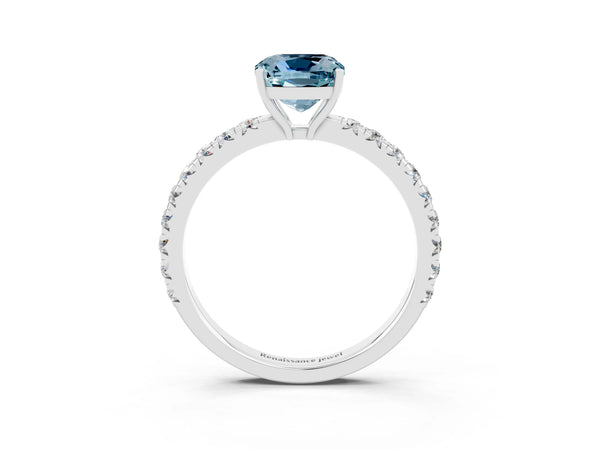 White gold Cushion Cut Aquamarine Pavé Solitaire Engagement Ring with Four-Prong Setting