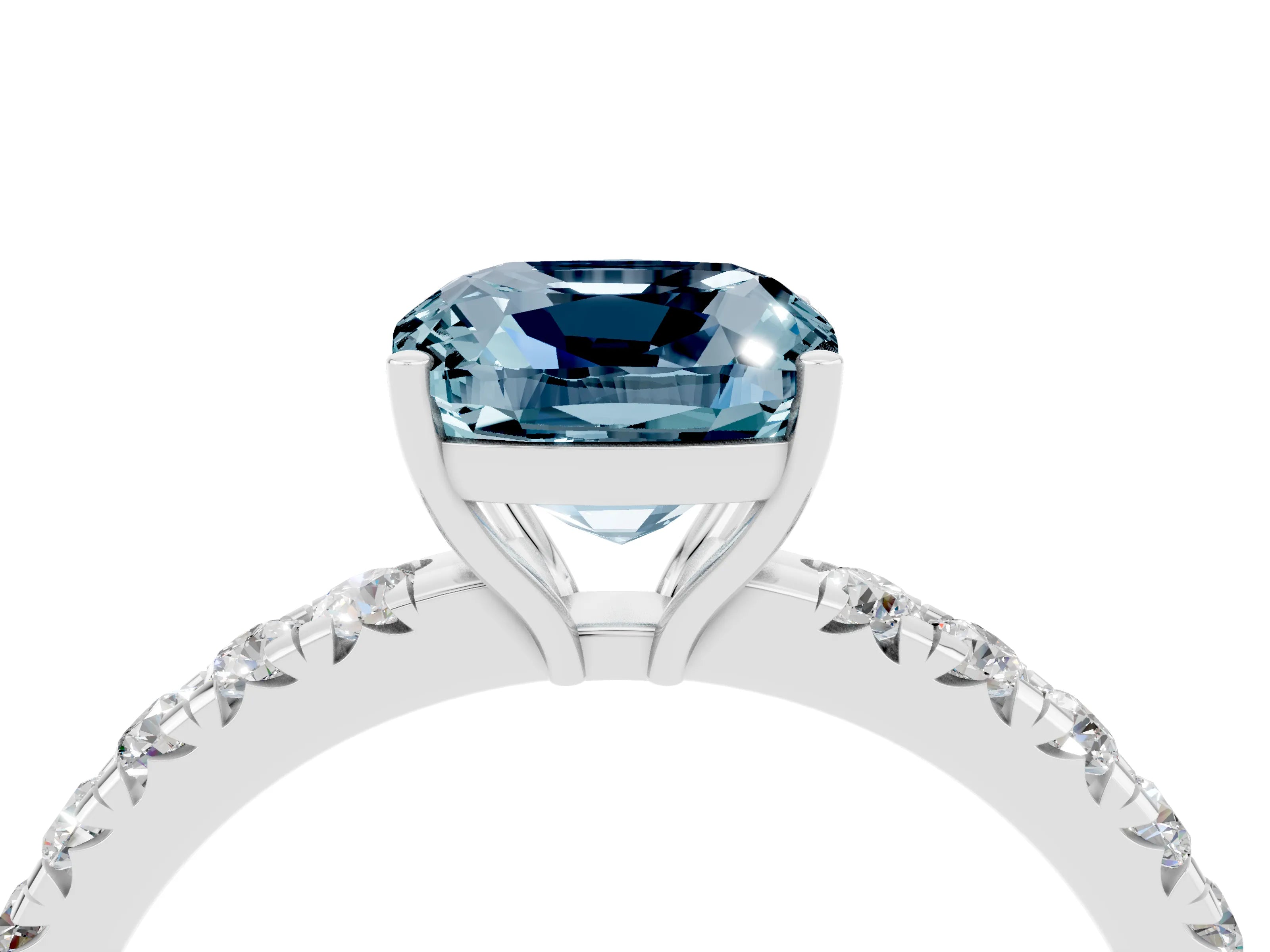 White gold Cushion Cut Aquamarine Pavé Solitaire Engagement Ring with Four-Prong Setting_16