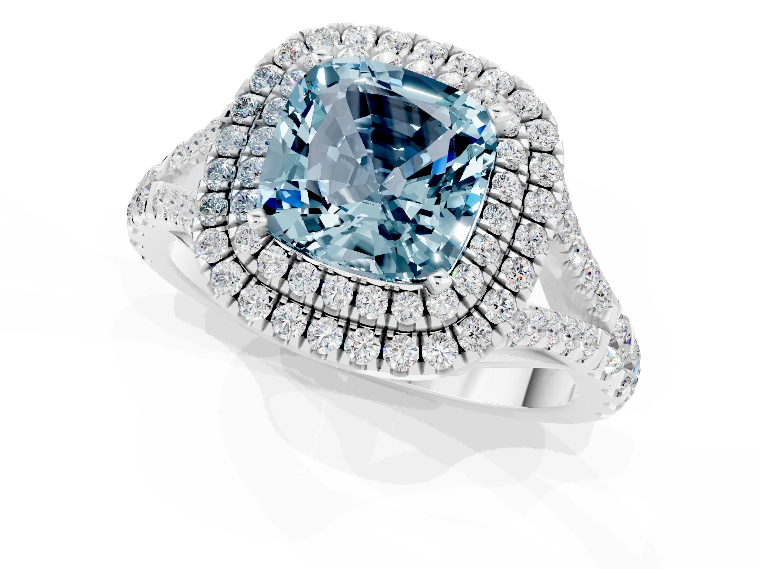 White gold Cushion Cut Aquamarine Pavé Split Shank Double Halo Engagement Ring_1