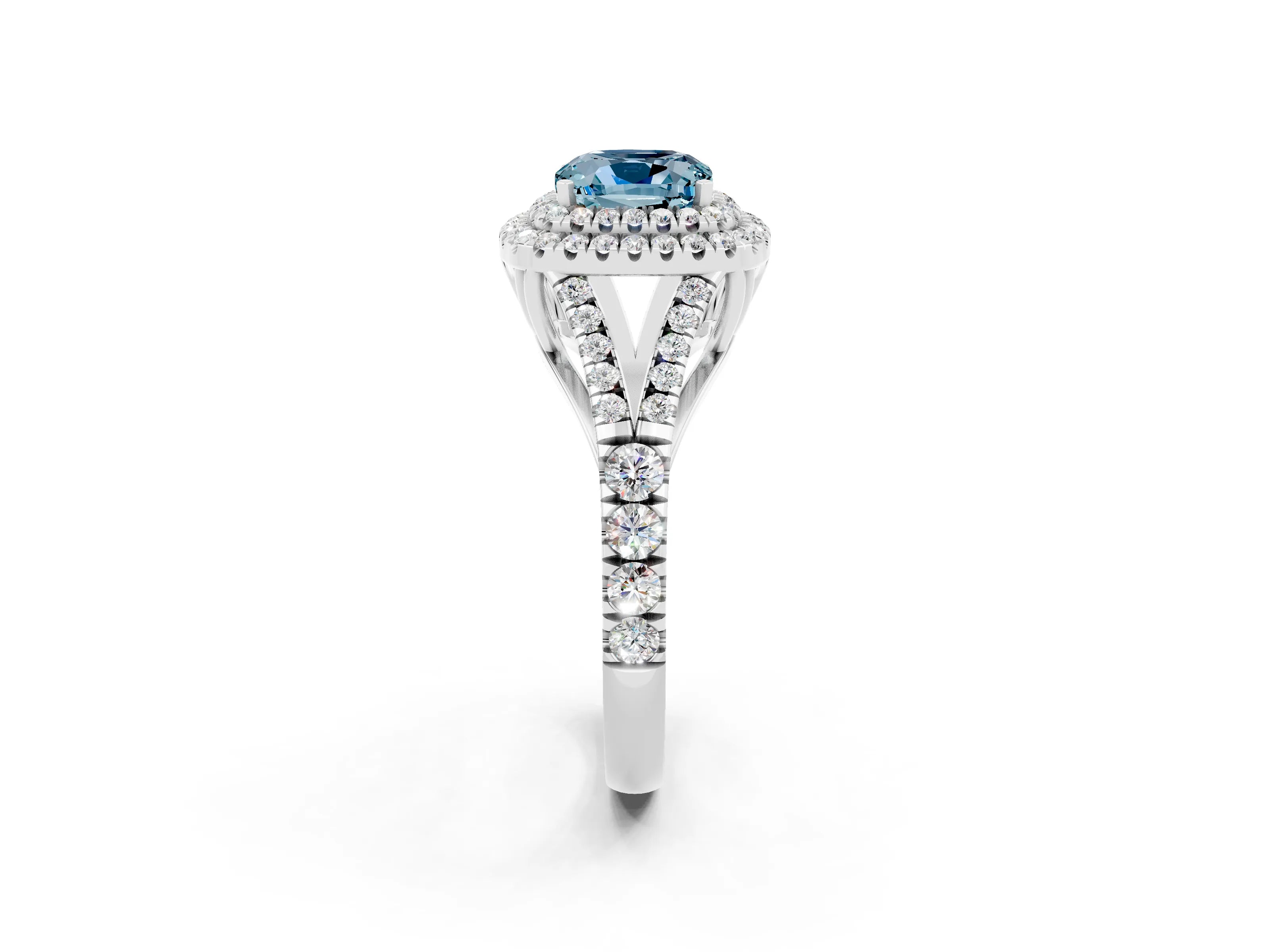 White gold Cushion Cut Aquamarine Pavé Split Shank Double Halo Engagement Ring_2