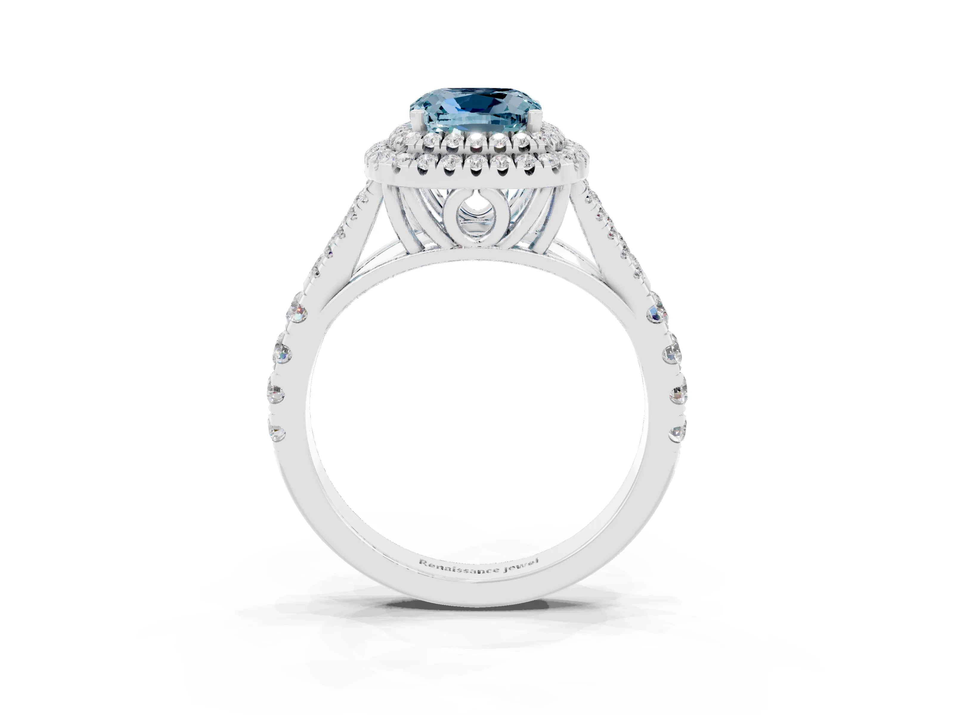 White gold Cushion Cut Aquamarine Pavé Split Shank Double Halo Engagement Ring_3