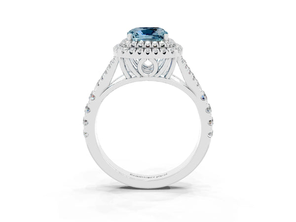 Silver Cushion Cut Aquamarine Pavé Split Shank Double Halo Engagement Ring
