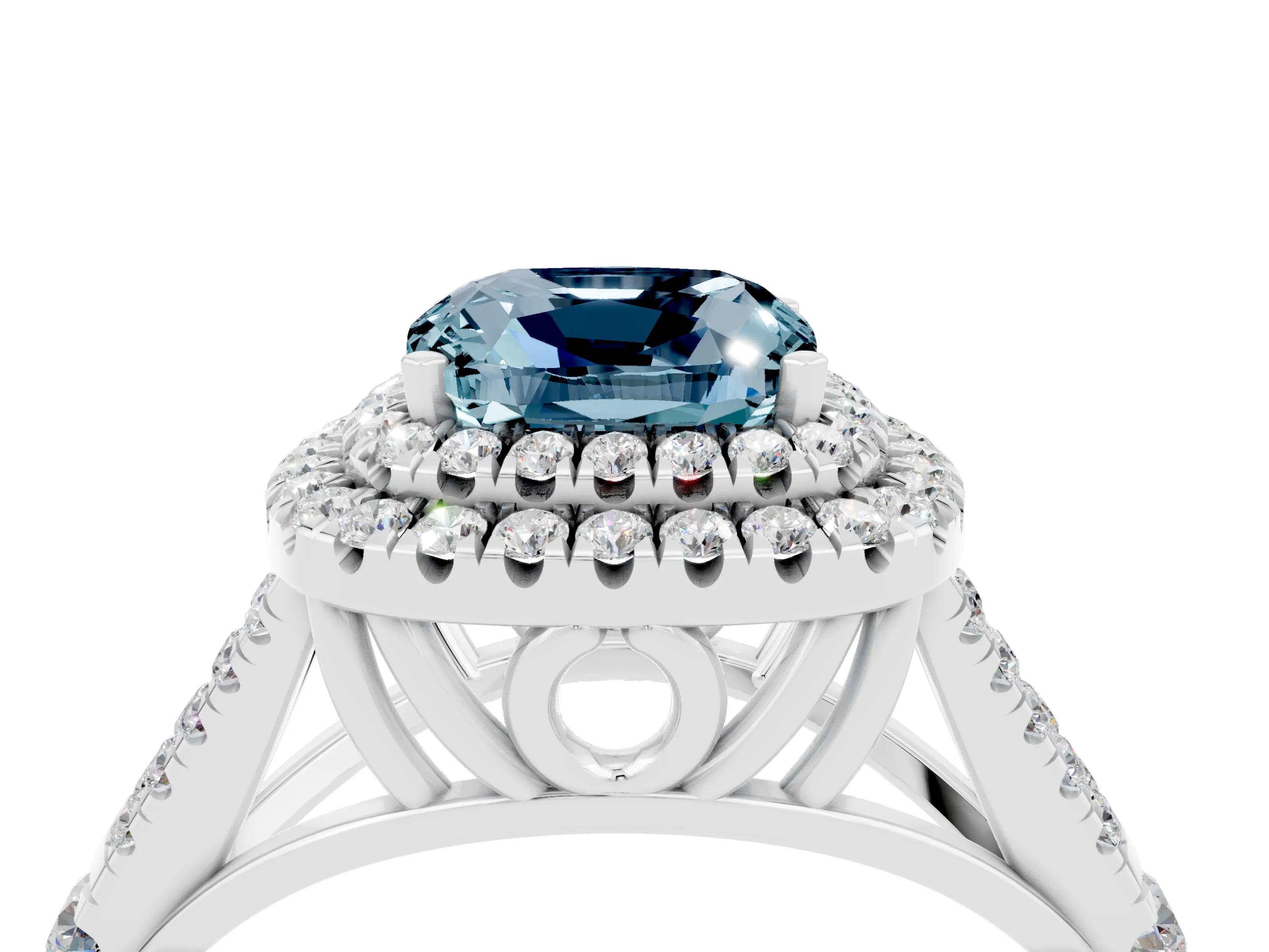 White gold Cushion Cut Aquamarine Pavé Split Shank Double Halo Engagement Ring_4