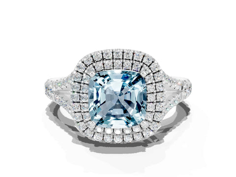 White gold Cushion Cut Aquamarine Pavé Split Shank Double Halo Engagement Ring