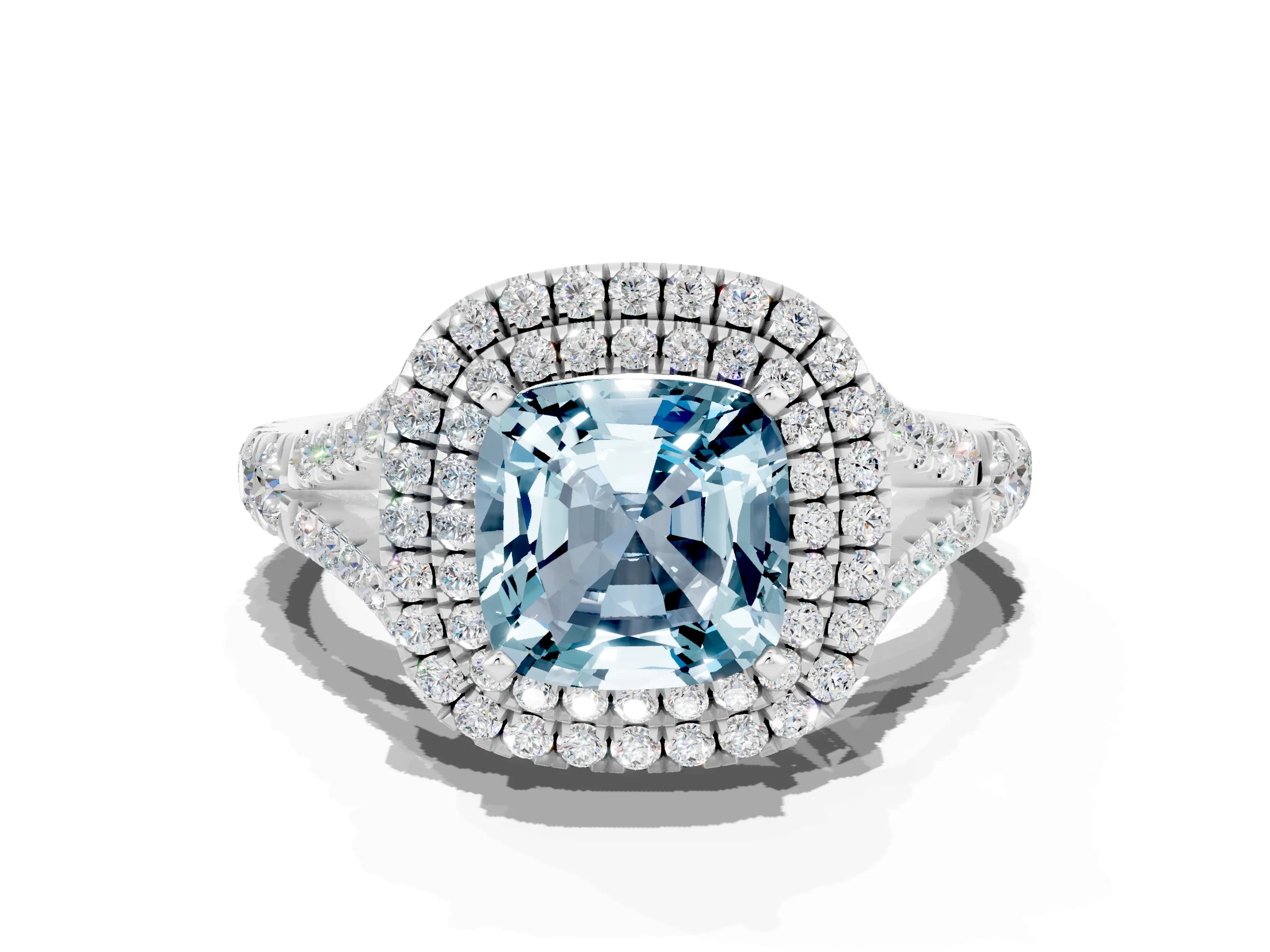 White gold Cushion Cut Aquamarine Pavé Split Shank Double Halo Engagement Ring
