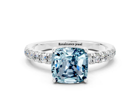 White gold Cushion Cut Aquamarine Pave Band Solitaire Ring with Four-Prong Setting_24