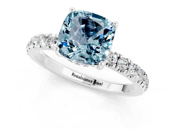Silver Cushion Cut Aquamarine Pave Band Solitaire Ring with Round  and Prong Setting