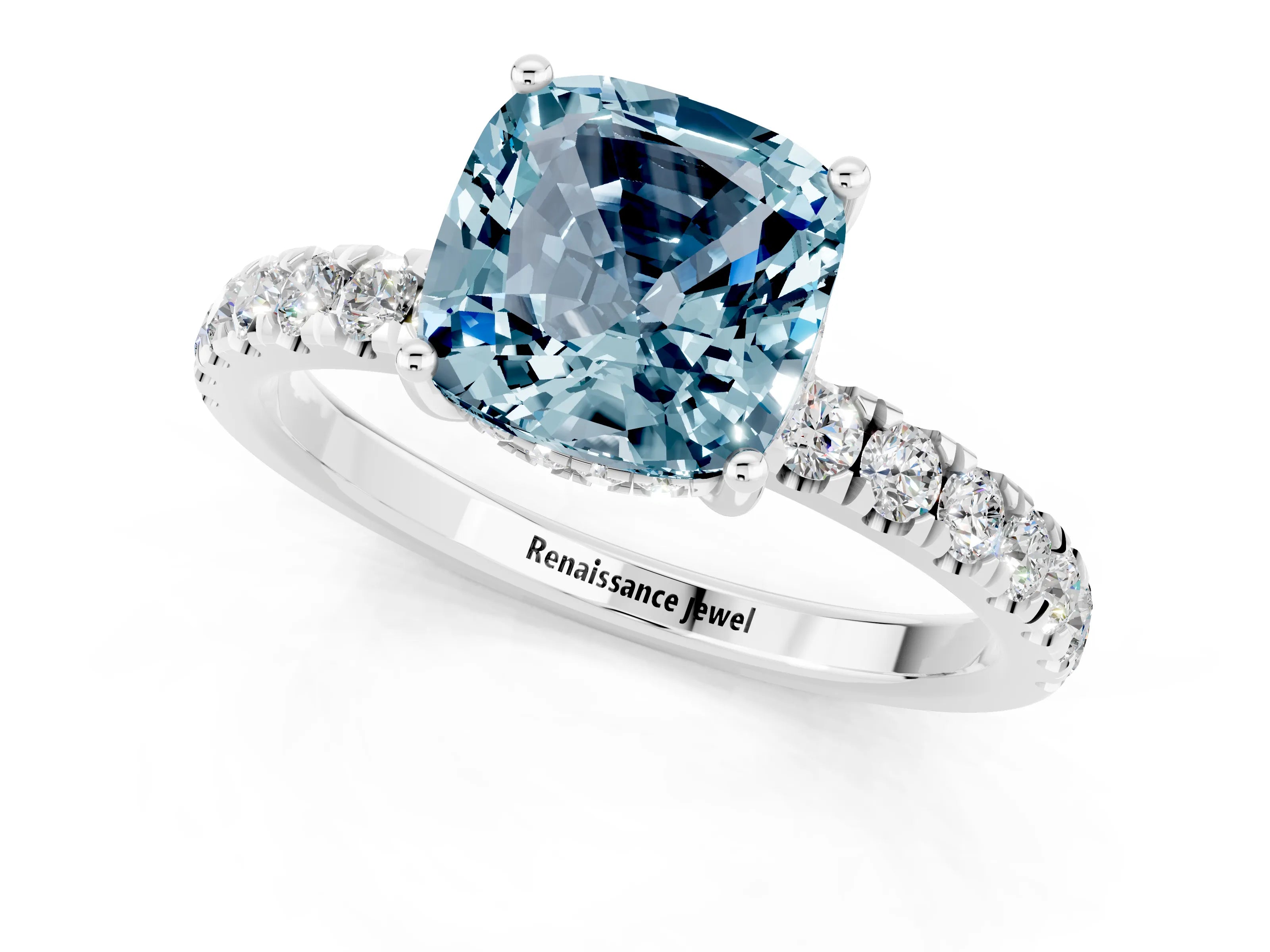White gold Cushion Cut Aquamarine Pave Band Solitaire Ring with Four-Prong Setting_25