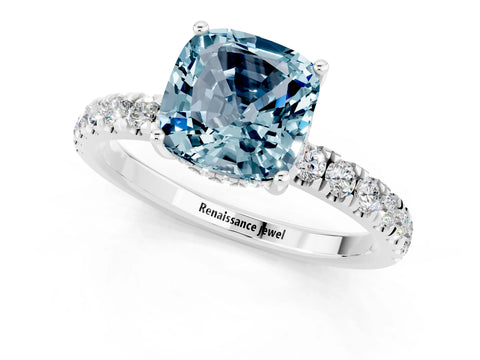 White gold Cushion Cut Aquamarine Pave Band Solitaire Ring with Four-Prong Setting_25