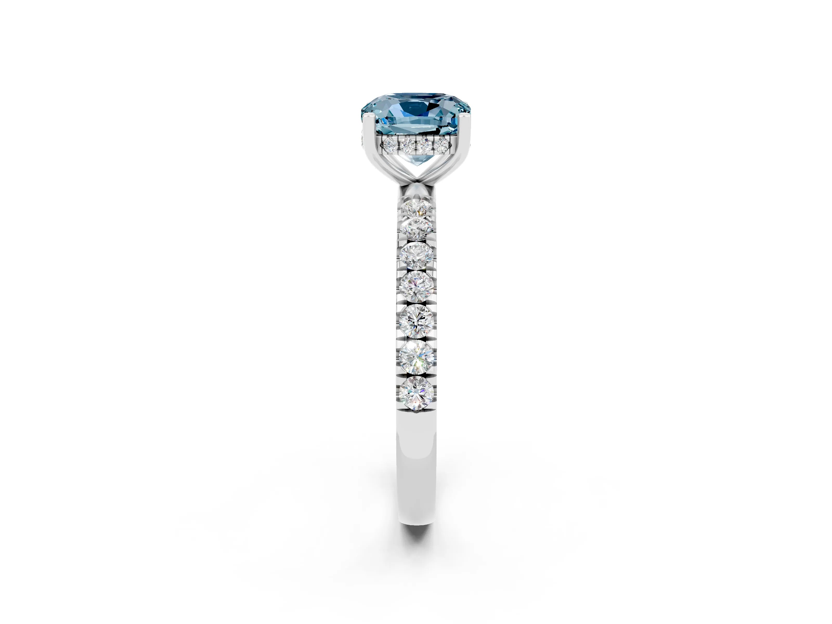 White gold Cushion Cut Aquamarine Pave Band Solitaire Ring with Four-Prong Setting_26