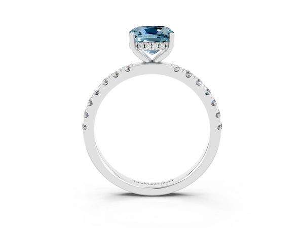Silver Cushion Cut Aquamarine Pave Band Solitaire Ring with Round  and Prong Setting