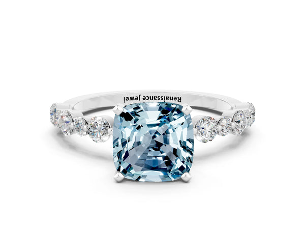 Platinum Cushion Cut Aquamarine Prong Set Engagement Ring with Pavé Band