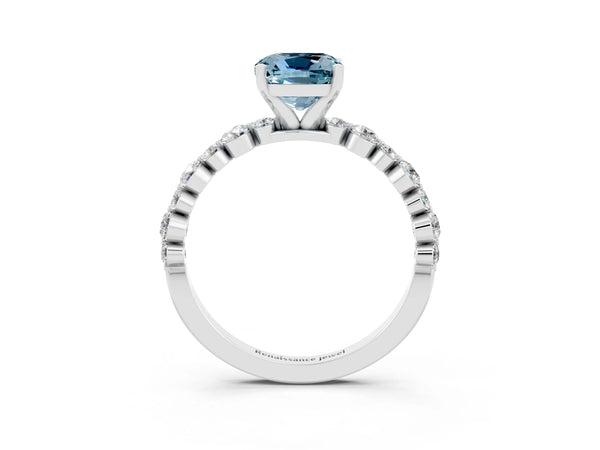 Platinum Cushion Cut Aquamarine Prong Set Engagement Ring with Pavé Band