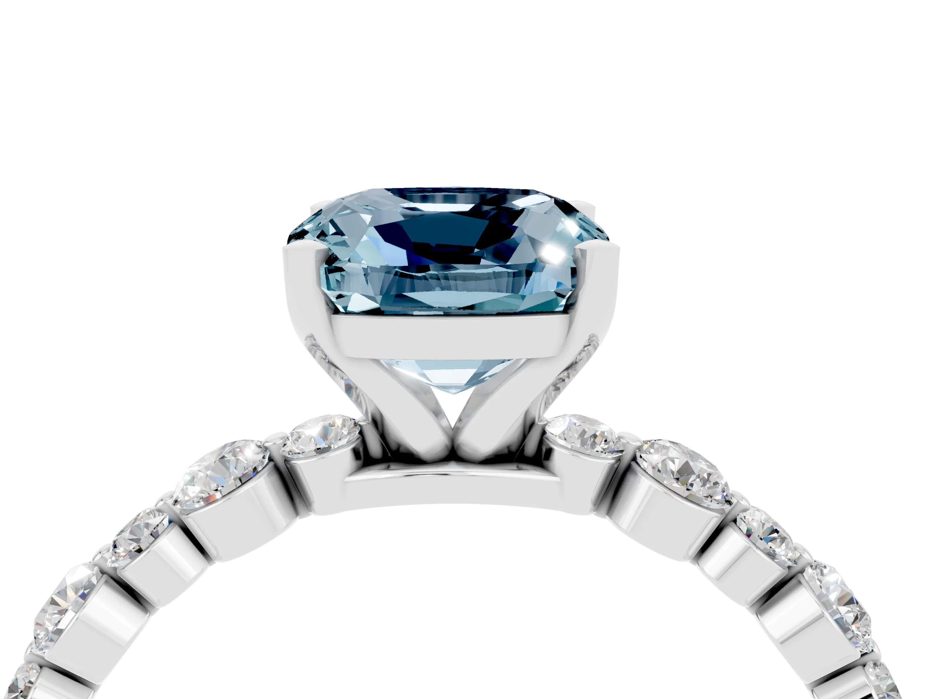 White gold Cushion Cut Aquamarine Prong Set Engagement Ring with Pavé Band_4