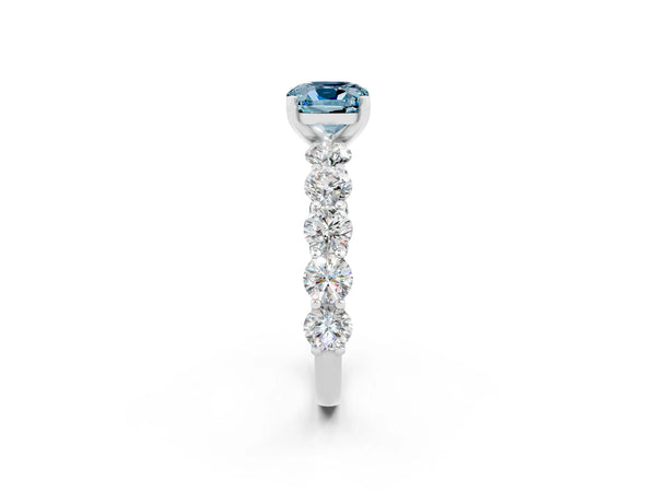 Silver Cushion Cut Aquamarine Prong Setting with Side Stones on a Pave Band