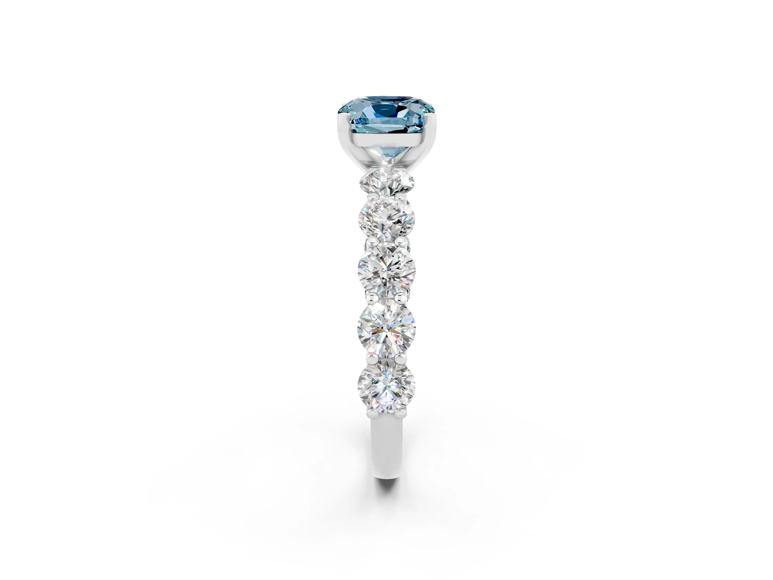 White gold Cushion Cut Aquamarine Prong Setting with Side Stones on a Pave Band_2
