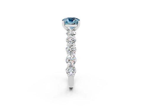 White gold Cushion Cut Aquamarine Prong Setting with Side Stones on a Pave Band_2