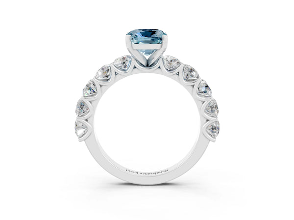 Platinum Cushion Cut Aquamarine Prong Setting with Side Stones on a Pave Band