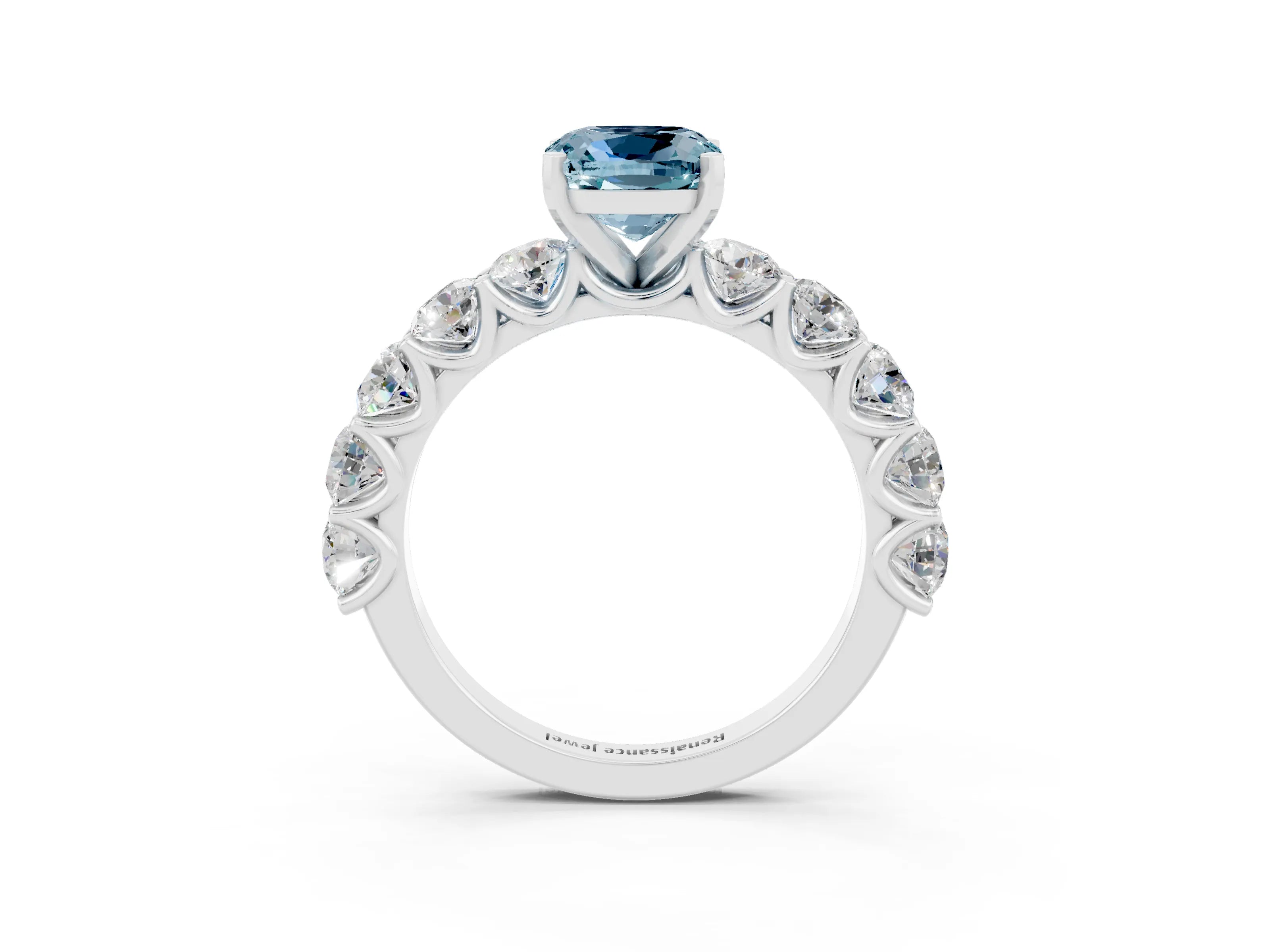 White gold Cushion Cut Aquamarine Prong Setting with Side Stones on a Pave Band_3