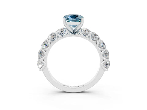 White gold Cushion Cut Aquamarine Prong Setting with Side Stones on a Pave Band_3