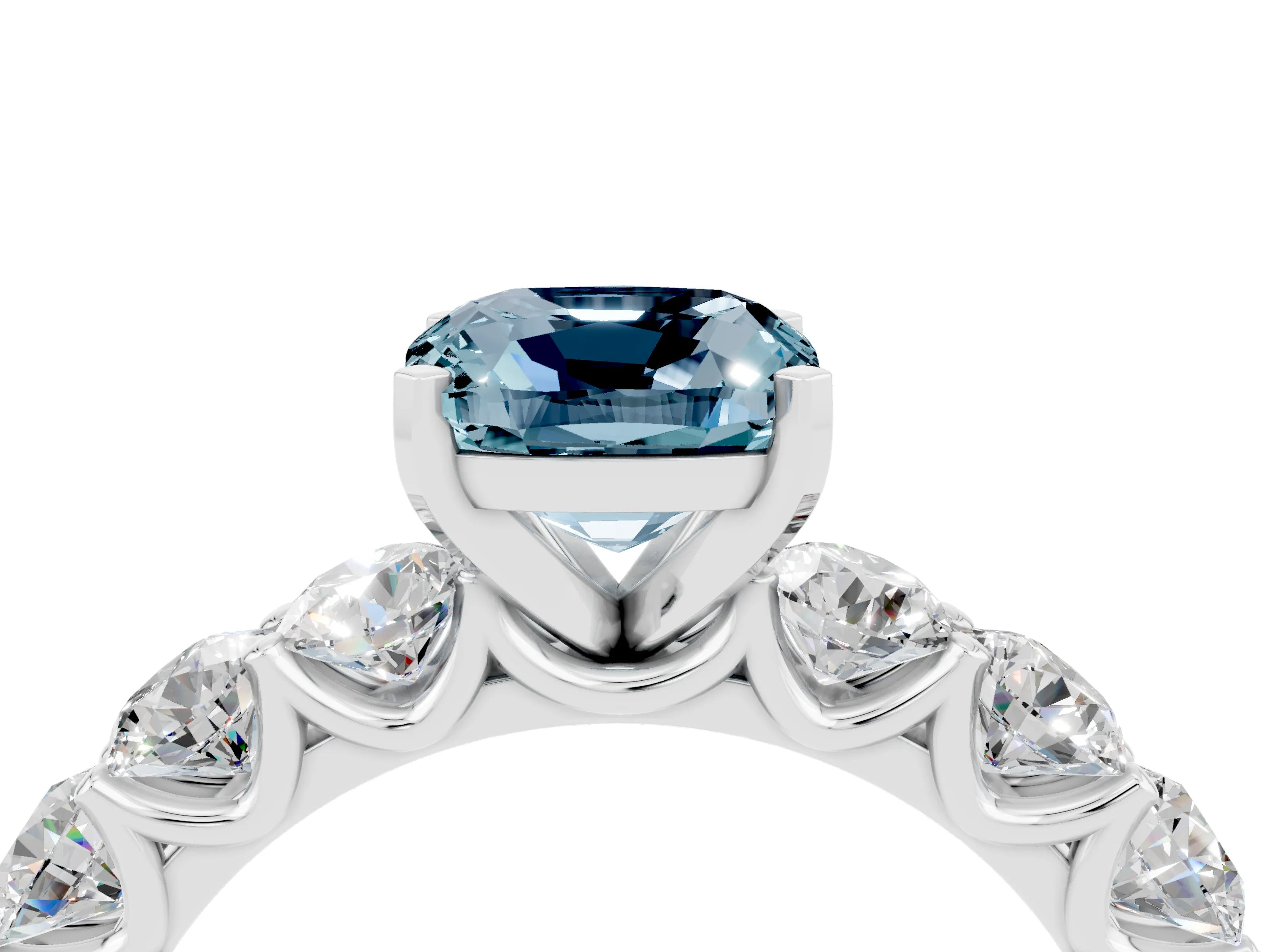 White gold Cushion Cut Aquamarine Prong Setting with Side Stones on a Pave Band_4