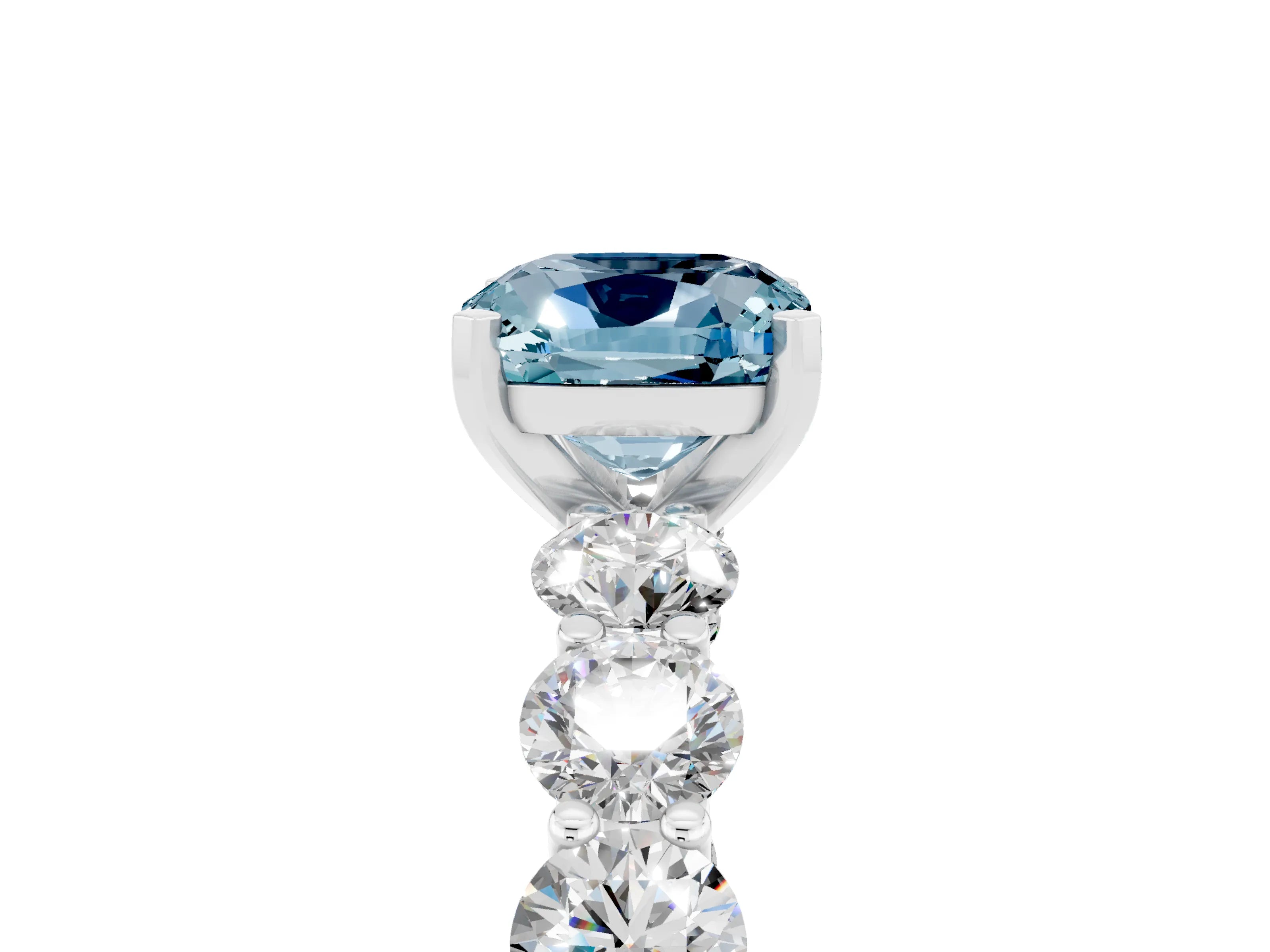 White gold Cushion Cut Aquamarine Prong Setting with Side Stones on a Pave Band_5