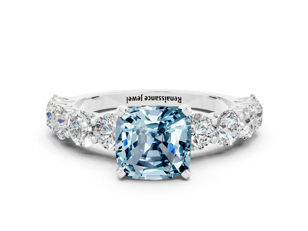 Silver Cushion Cut Aquamarine Prong Setting with Side Stones on a Pave Band