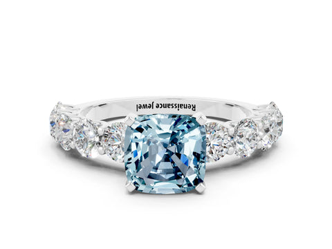 White gold Cushion Cut Aquamarine Prong Setting with Side Stones on a Pave Band
