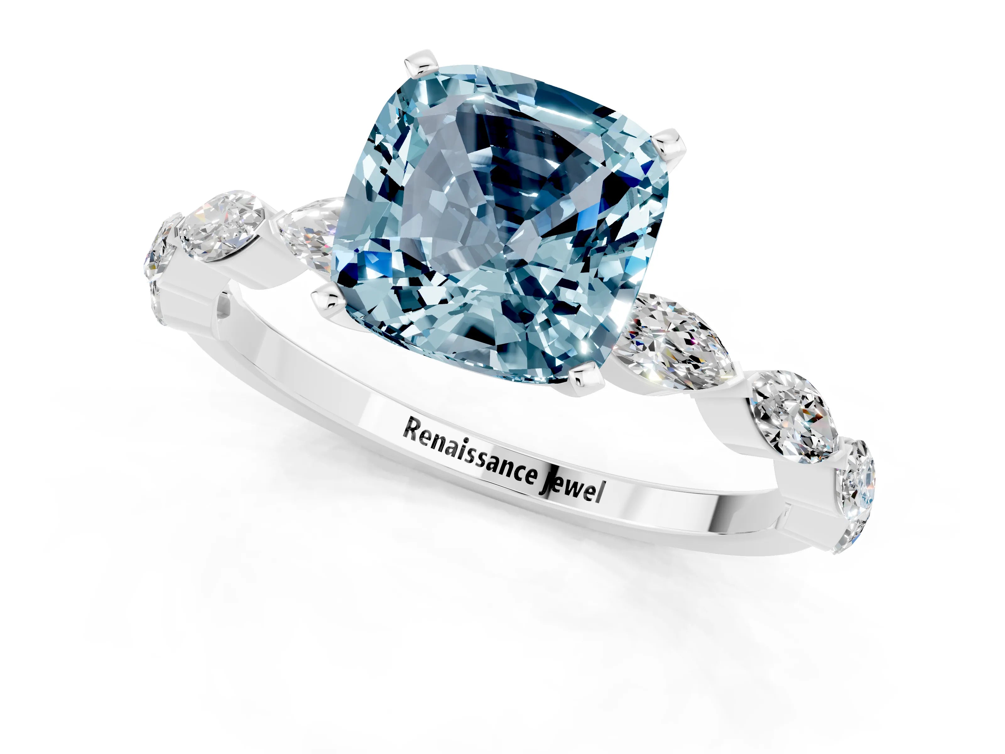 White gold Cushion Cut Aquamarine Ring with Marquise Side Stones and Prong Setting_1