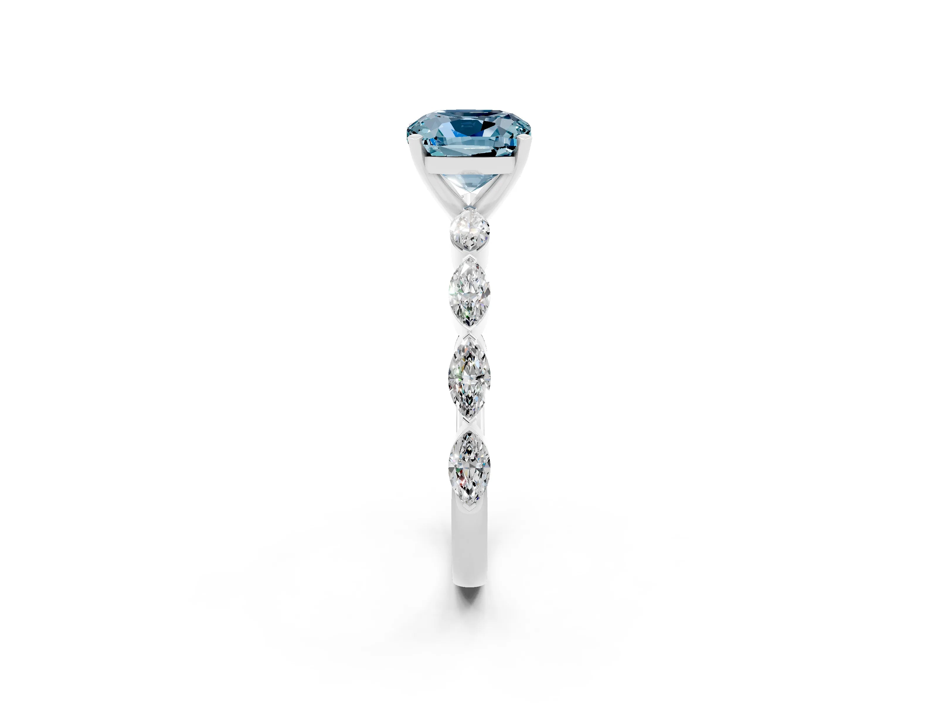 White gold Cushion Cut Aquamarine Ring with Marquise Side Stones and Prong Setting_2