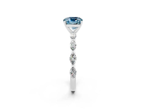 White gold Cushion Cut Aquamarine Ring with Marquise Side Stones and Prong Setting_2