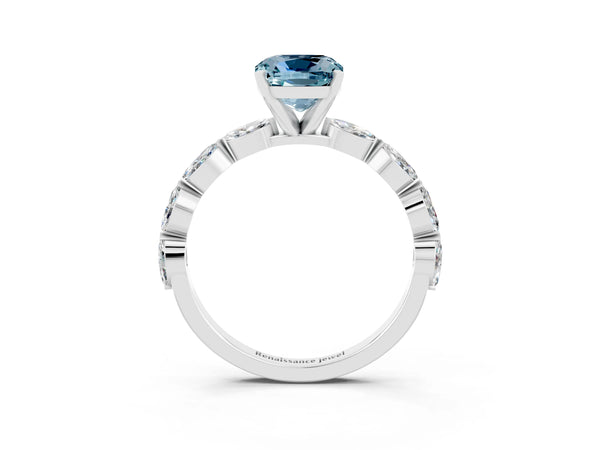 Platinum Cushion Cut Aquamarine Ring with Marquise Side Stones and Prong Setting