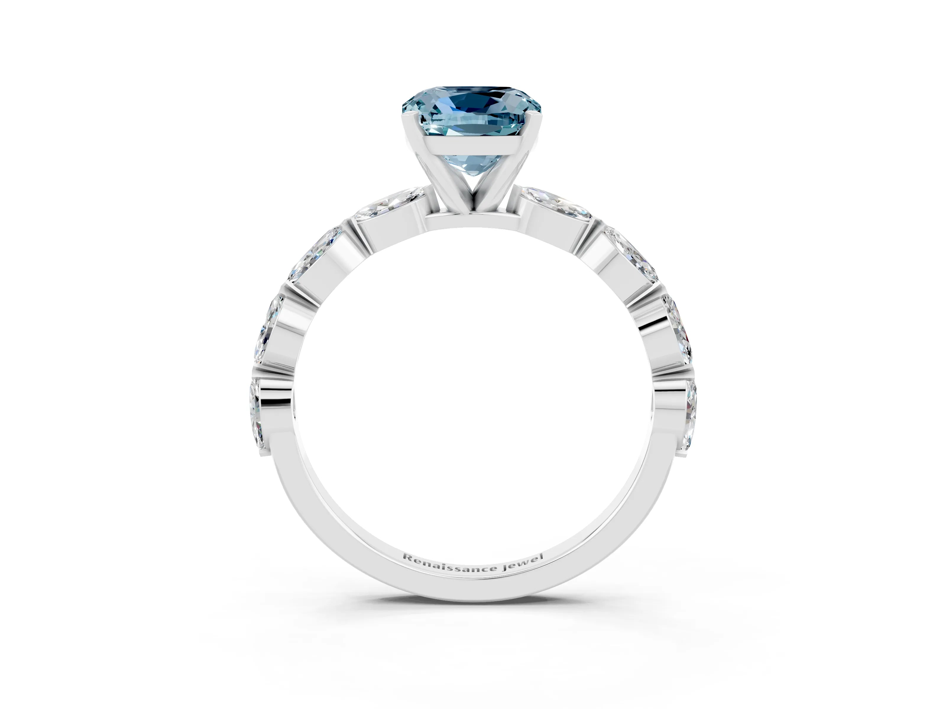 White gold Cushion Cut Aquamarine Ring with Marquise Side Stones and Prong Setting_3