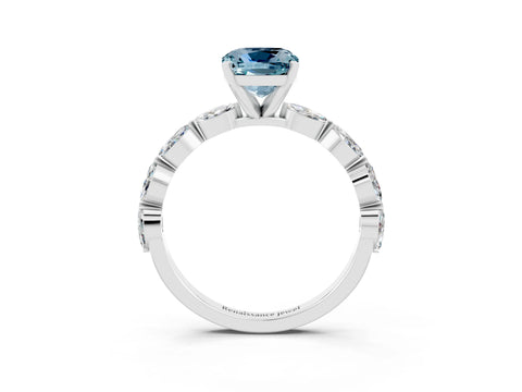 White gold Cushion Cut Aquamarine Ring with Marquise Side Stones and Prong Setting_3