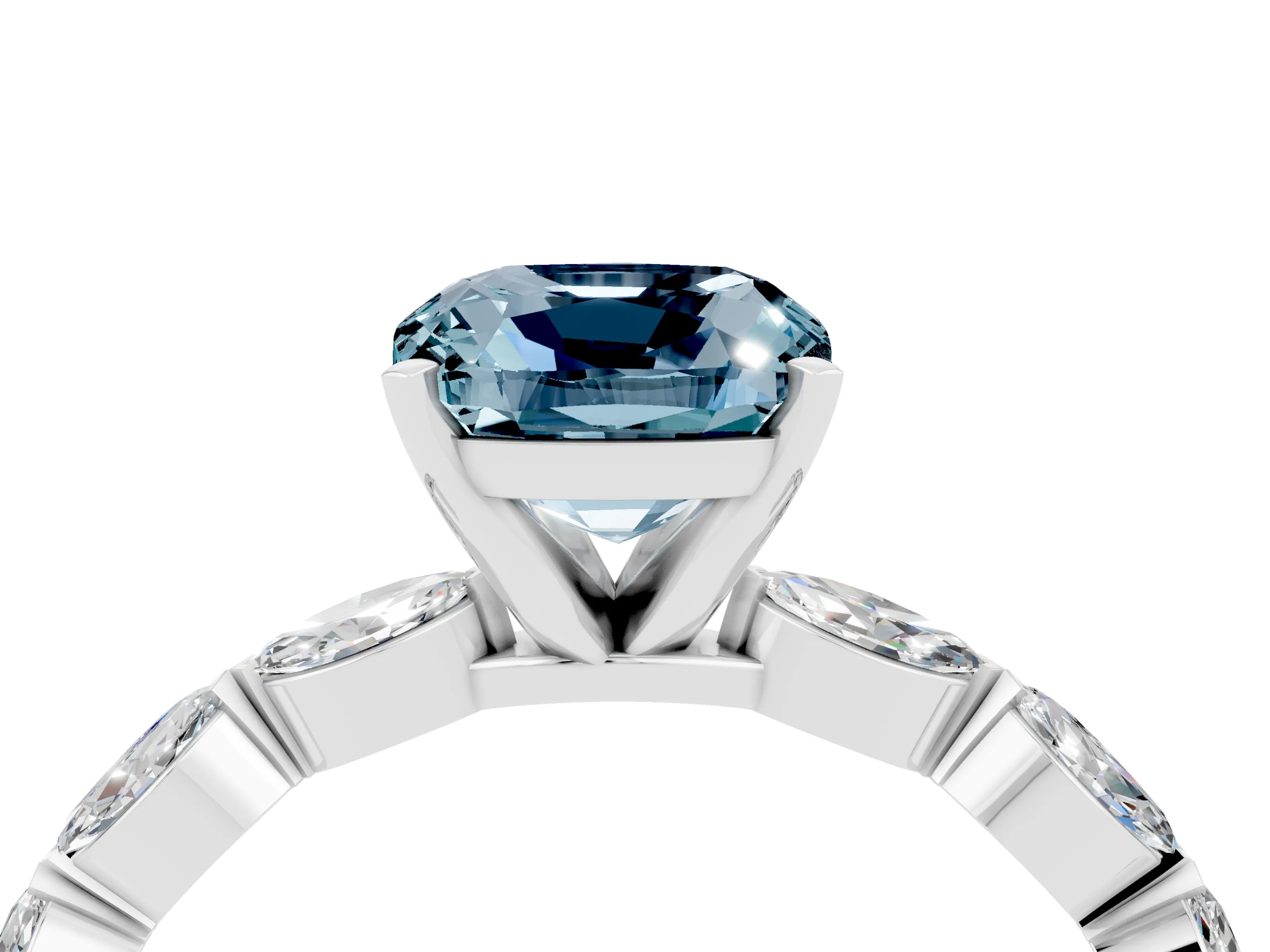 White gold Cushion Cut Aquamarine Ring with Marquise Side Stones and Prong Setting_4