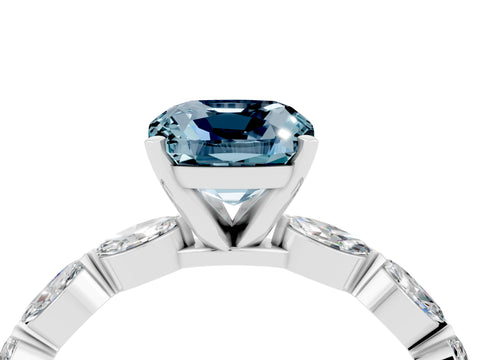 White gold Cushion Cut Aquamarine Ring with Marquise Side Stones and Prong Setting_4