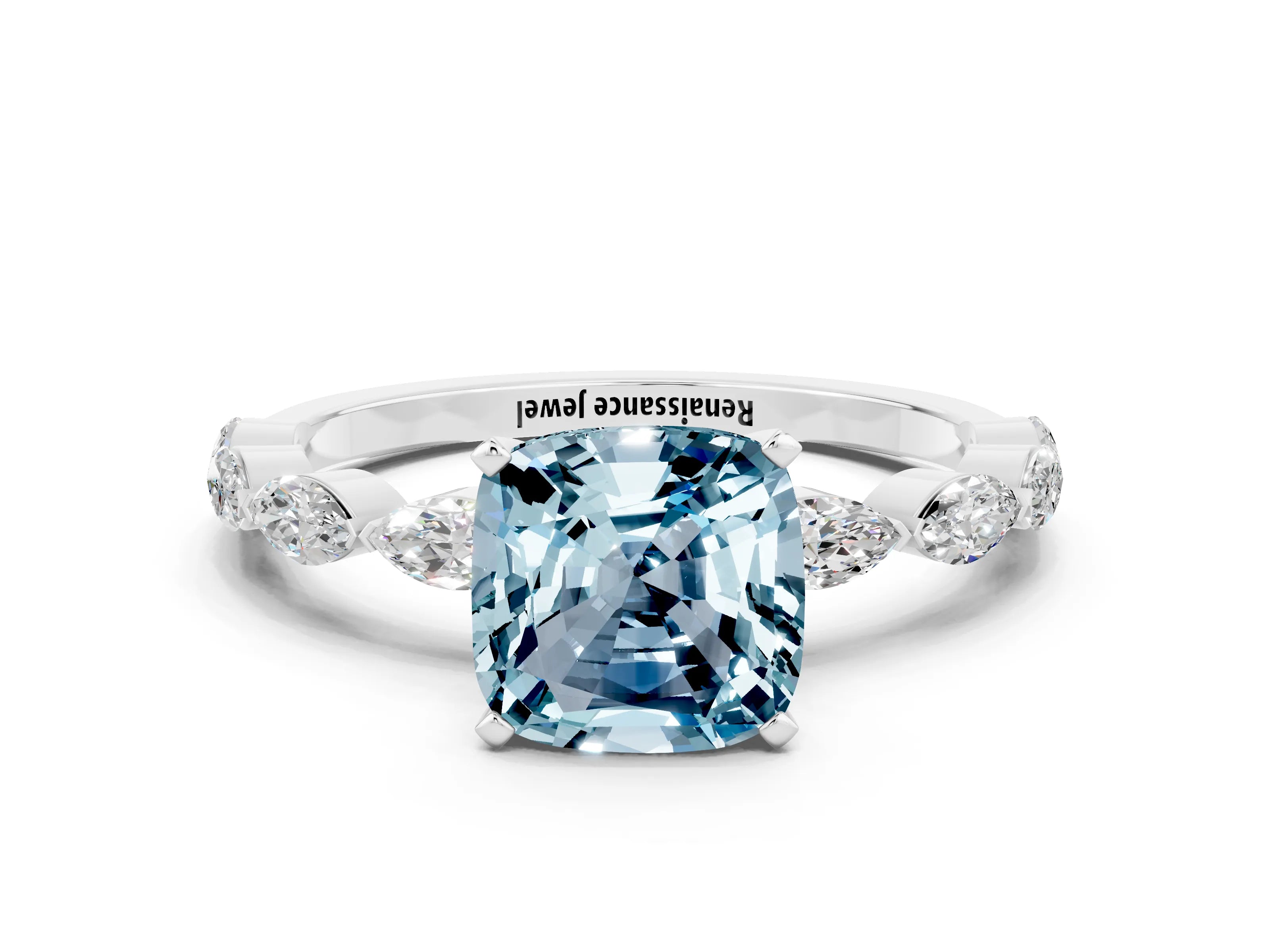 White gold Cushion Cut Aquamarine Ring with Marquise Side Stones and Prong Setting