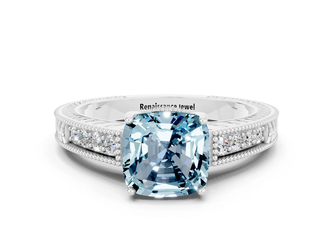 White gold Cushion Cut Aquamarine Ring with Milgrain Pavé Band and Four-Prong Setting_12