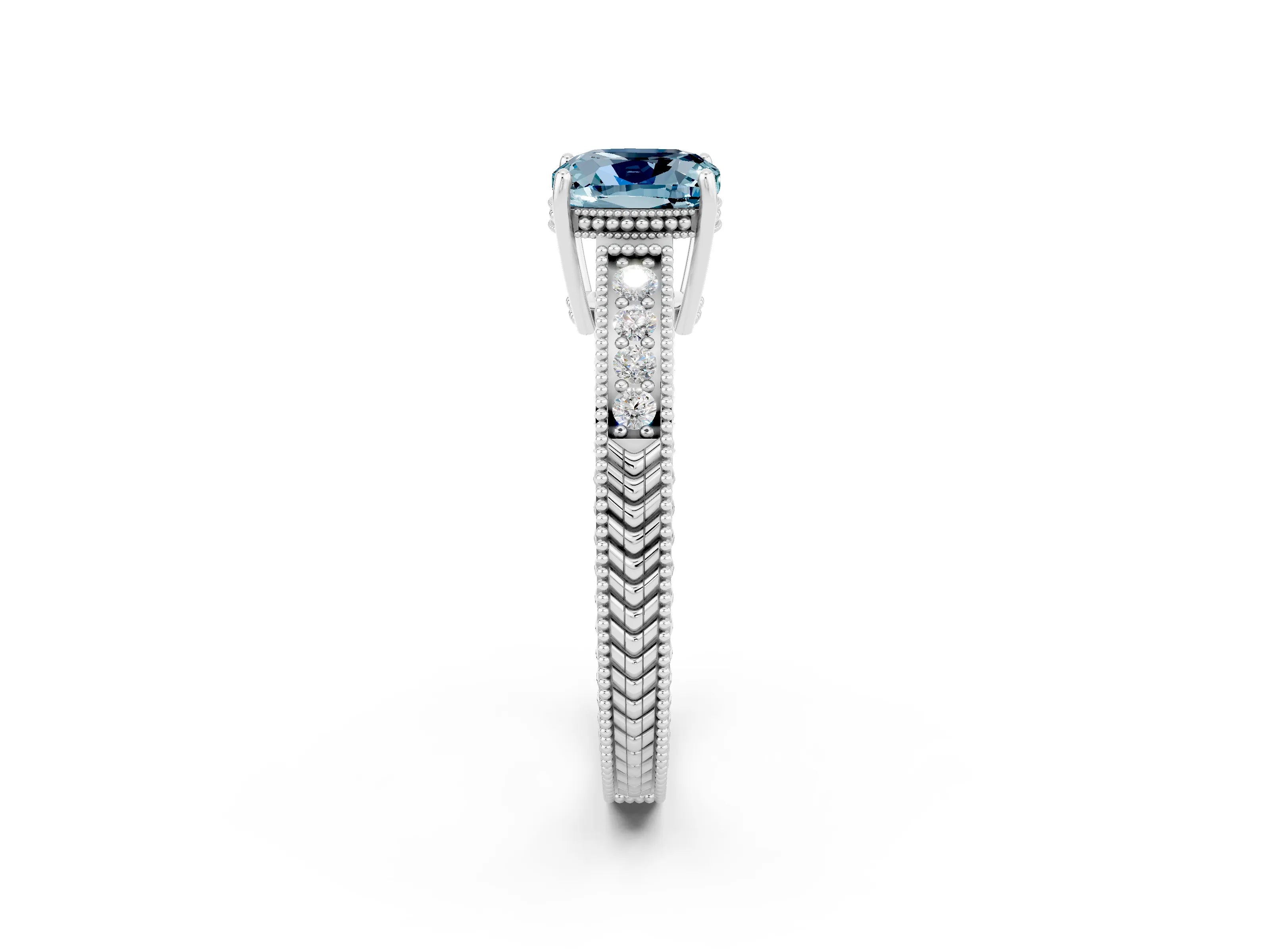 White gold Cushion Cut Aquamarine Ring with Milgrain Pavé Band and Four-Prong Setting_14