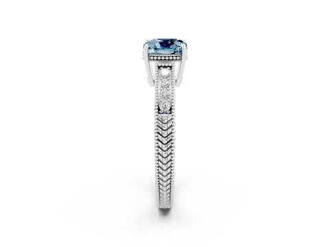 White gold Cushion Cut Aquamarine Ring with Milgrain Pavé Band and Four-Prong Setting_14