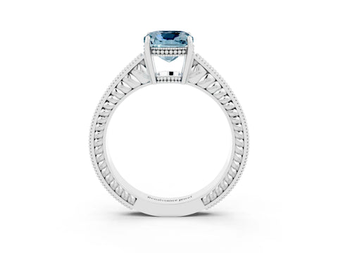 White gold Cushion Cut Aquamarine Ring with Milgrain Pavé Band and Four-Prong Setting_15