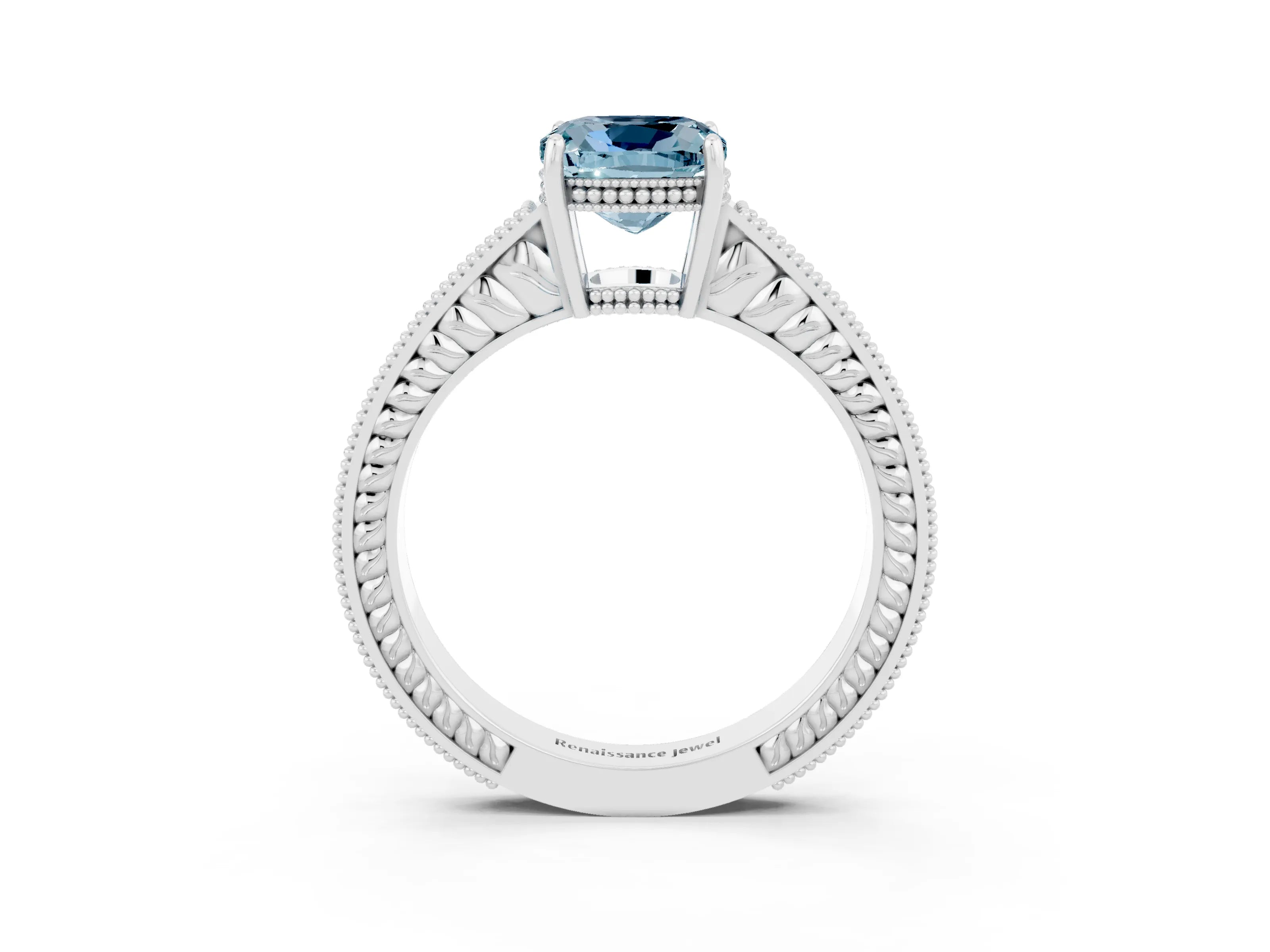 White gold Cushion Cut Aquamarine Ring with Milgrain Pavé Band and Four-Prong Setting_15