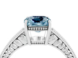 White gold Cushion Cut Aquamarine Ring with Milgrain Pavé Band and Four-Prong Setting_16