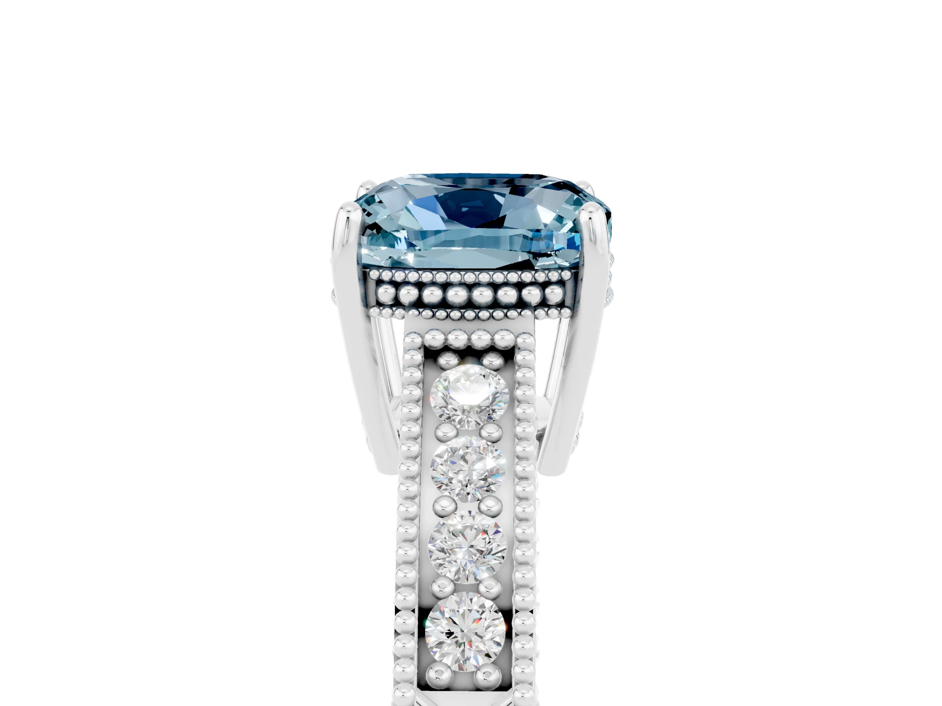White gold Cushion Cut Aquamarine Ring with Milgrain Pavé Band and Four-Prong Setting_17