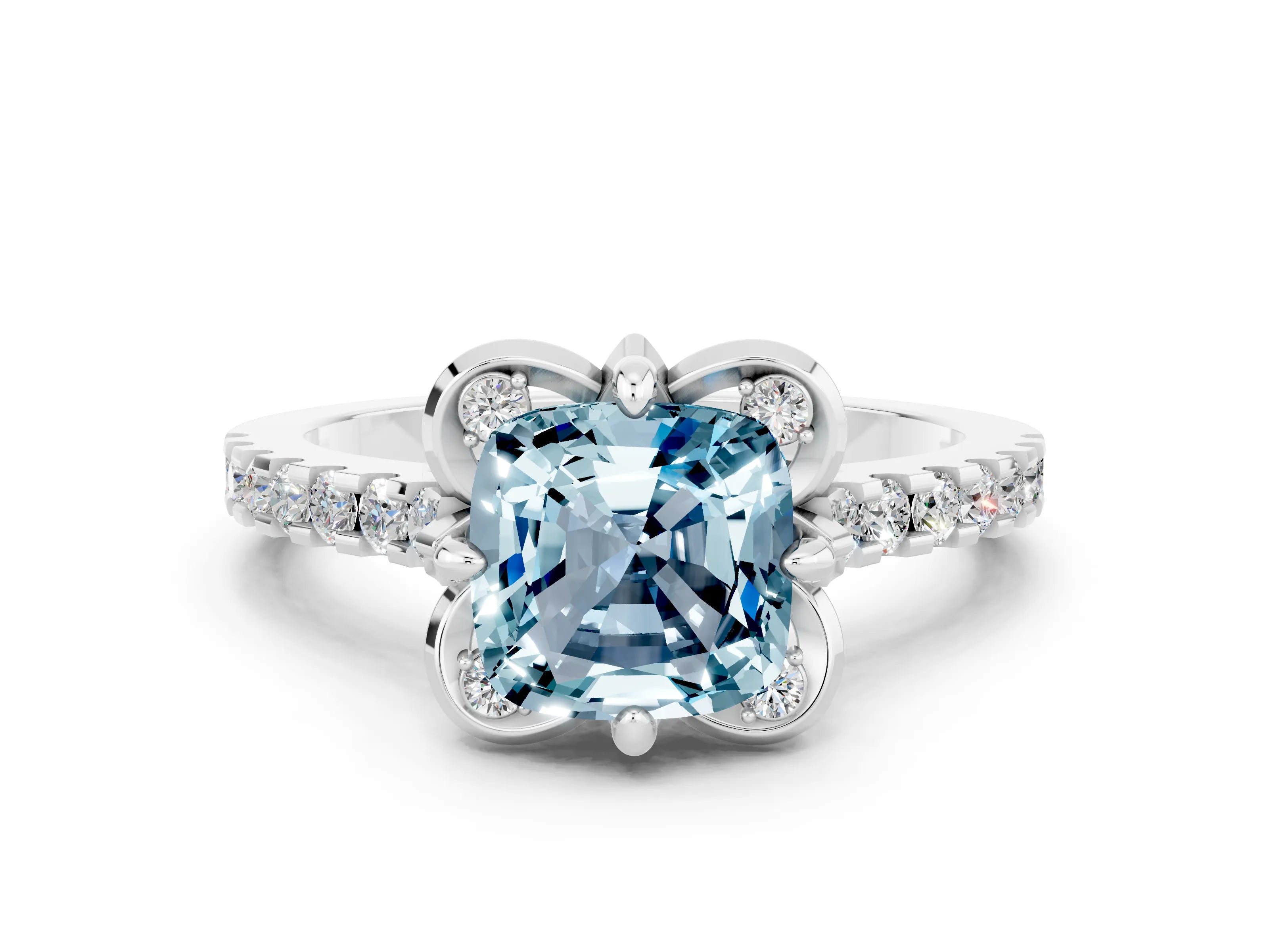 White gold Cushion Cut Aquamarine Ring with Pavé Band and Floral Prong Setting