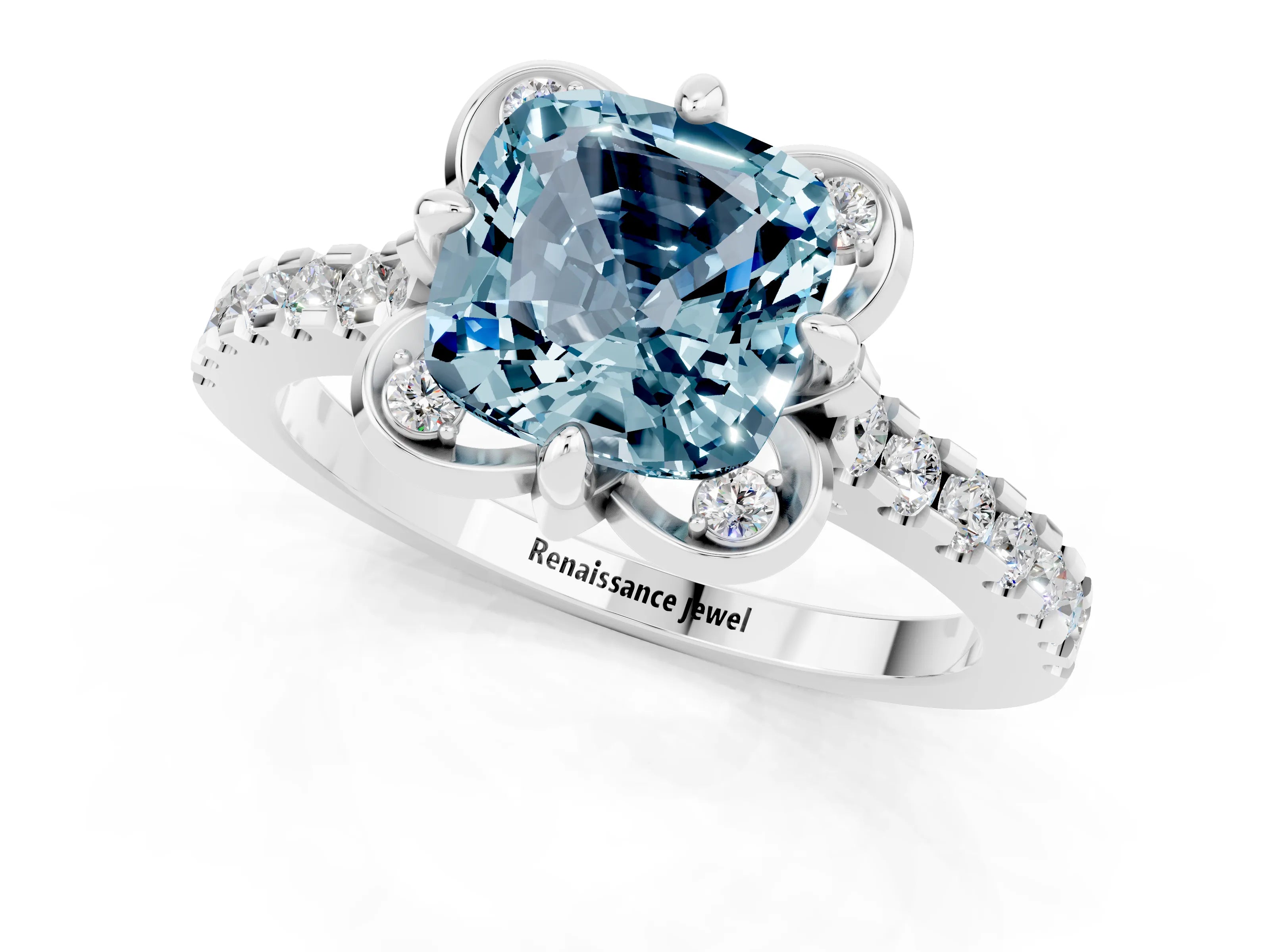 White gold Cushion Cut Aquamarine Ring with Pavé Band and Floral Prong Setting_1