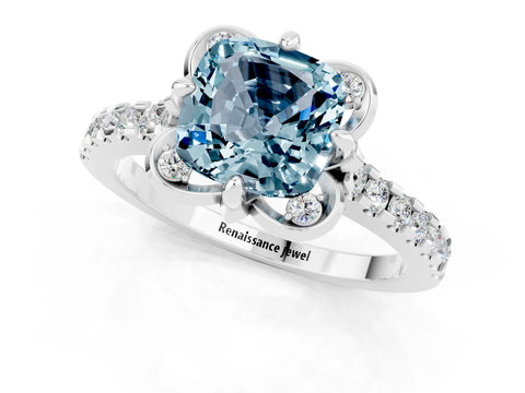 White gold Cushion Cut Aquamarine Ring with Pavé Band and Floral Prong Setting_1
